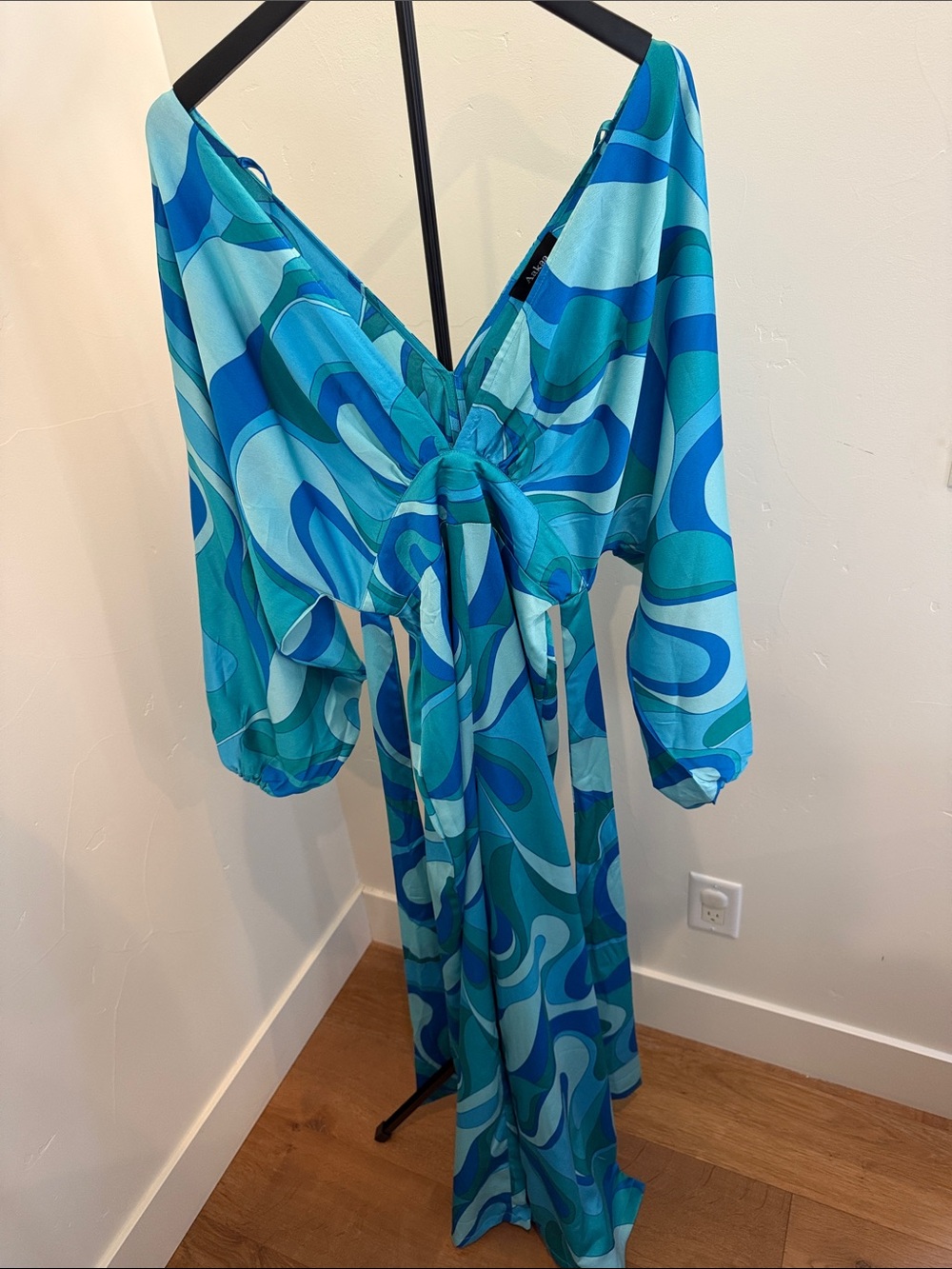 Aakaa Teal & Blue Swirl Maxi Dress with Tie Front
